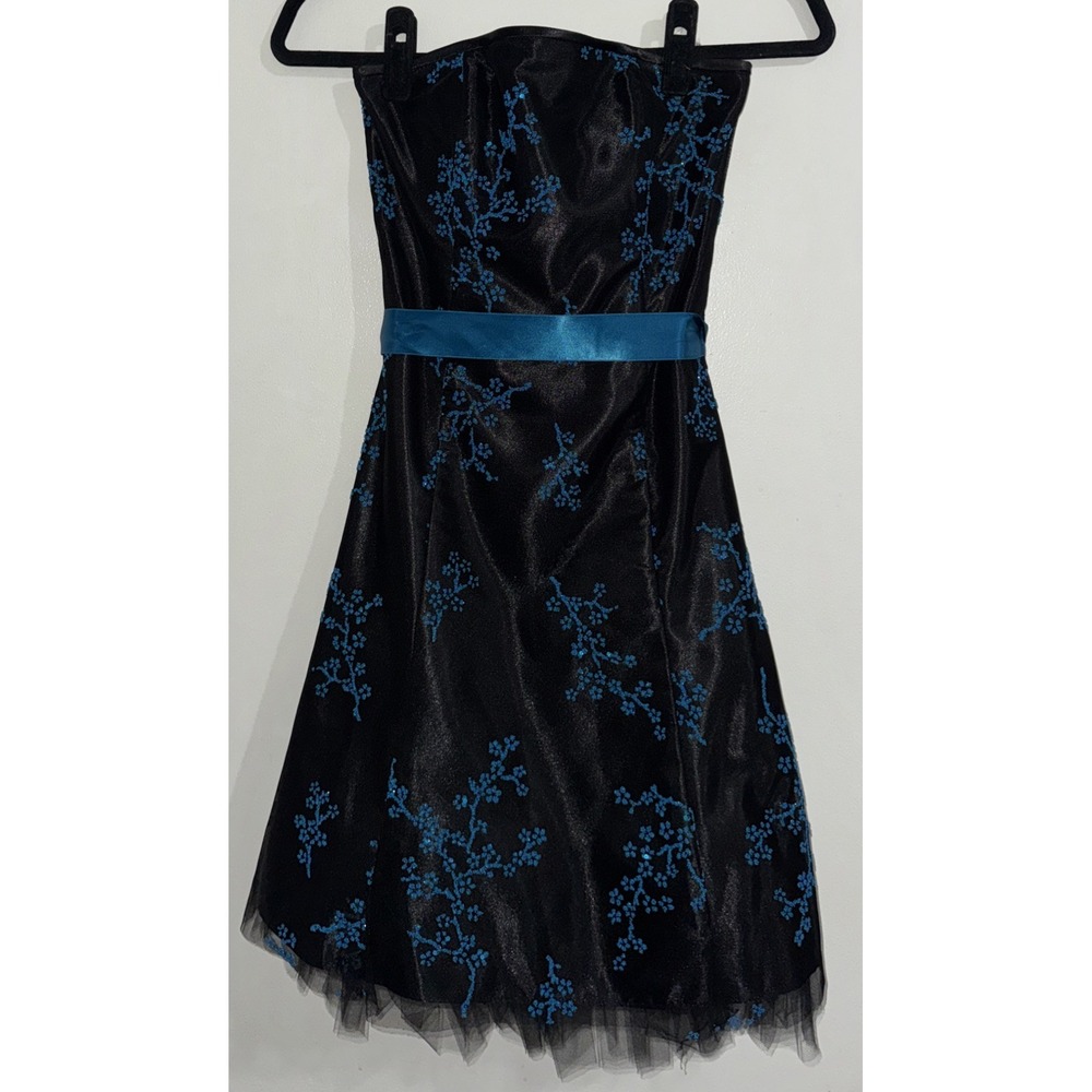 Jessica McClintock Gunne Sax Strapless Black Blue Beaded Cocktail Dress  3  XXS